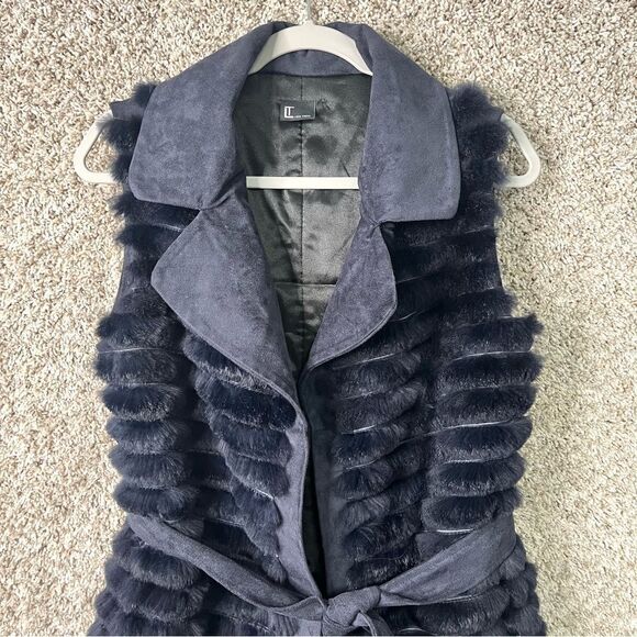 Love Token Vest Women’s Small Dark Blue 100% Rabbit Fur & Suede Waist Tie Long - Picture 2 of 7